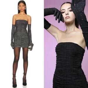 SAU LEE Revolve Black Strapless Faye Metallic Ruched Mini Dress W/ Gloves 4